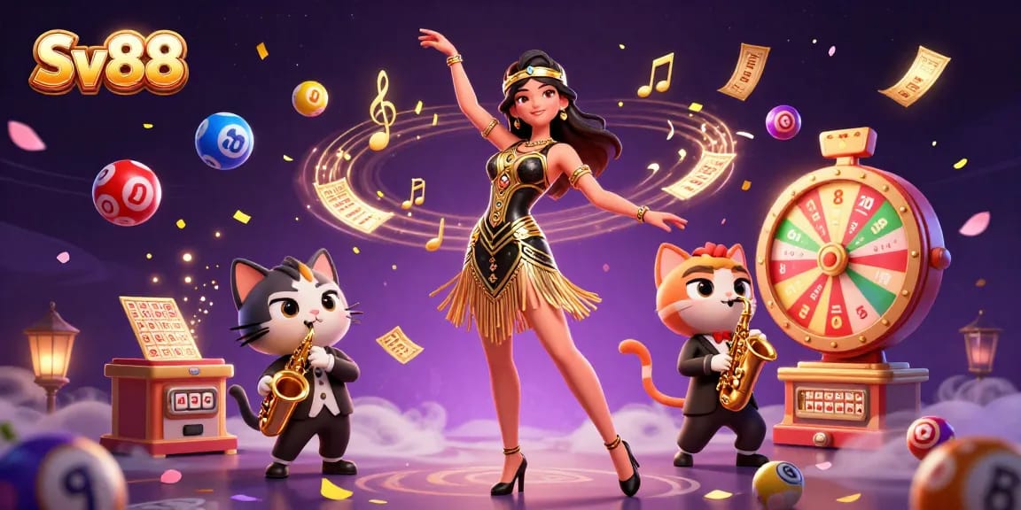 Engage with Sv88 in a vibrant casino scene featuring dynamic lottery balls and golden game elements.