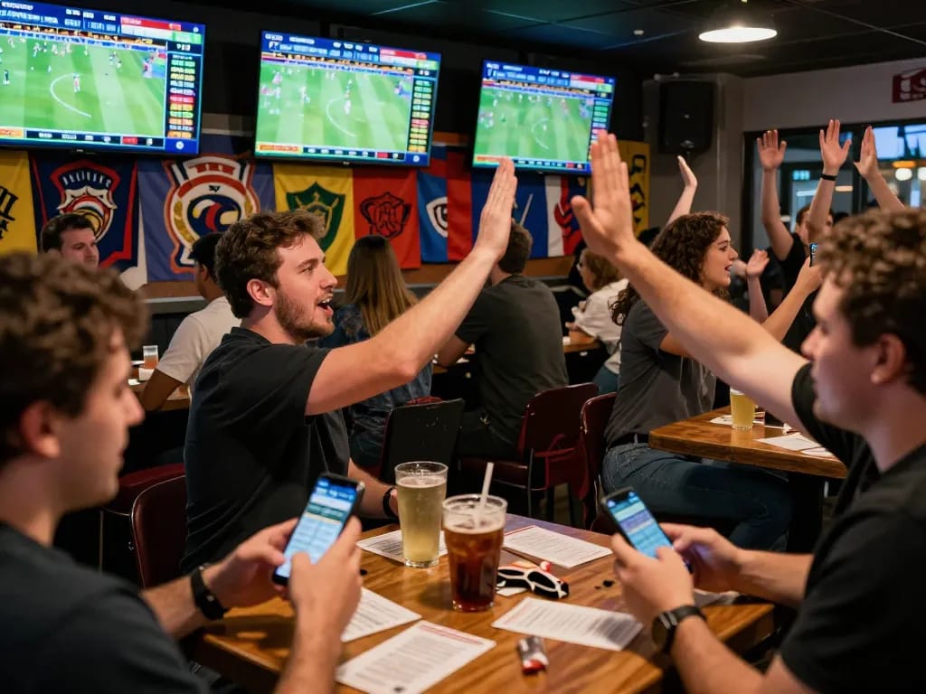 Engaged bettors using smartphones for sports betting at https://max88sss.com/ in an energetic sports bar atmosphere.
