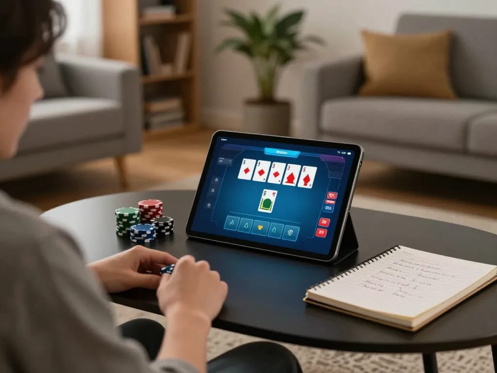 Player strategizing poker on tablet while using lv88 for online casino gaming at home
