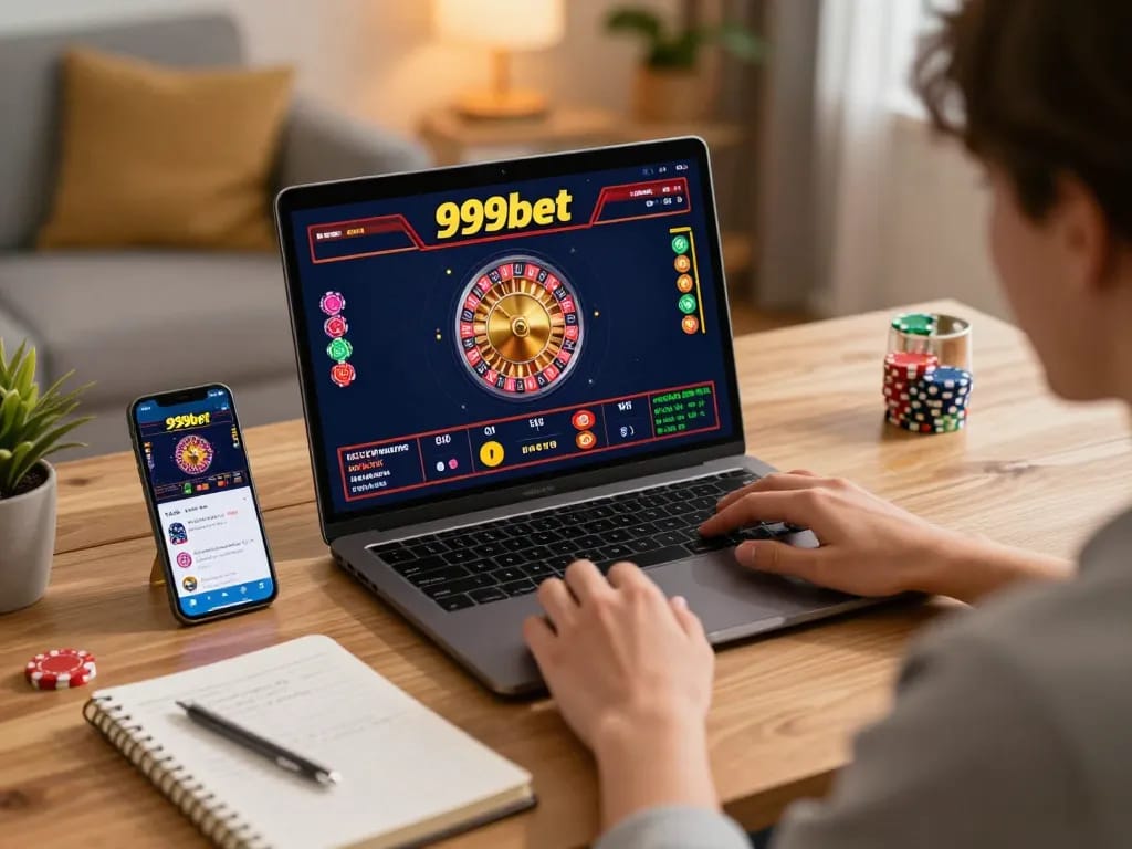 Player enjoying 999bet's online casino games on a laptop at home, showcasing an engaging gaming setup.