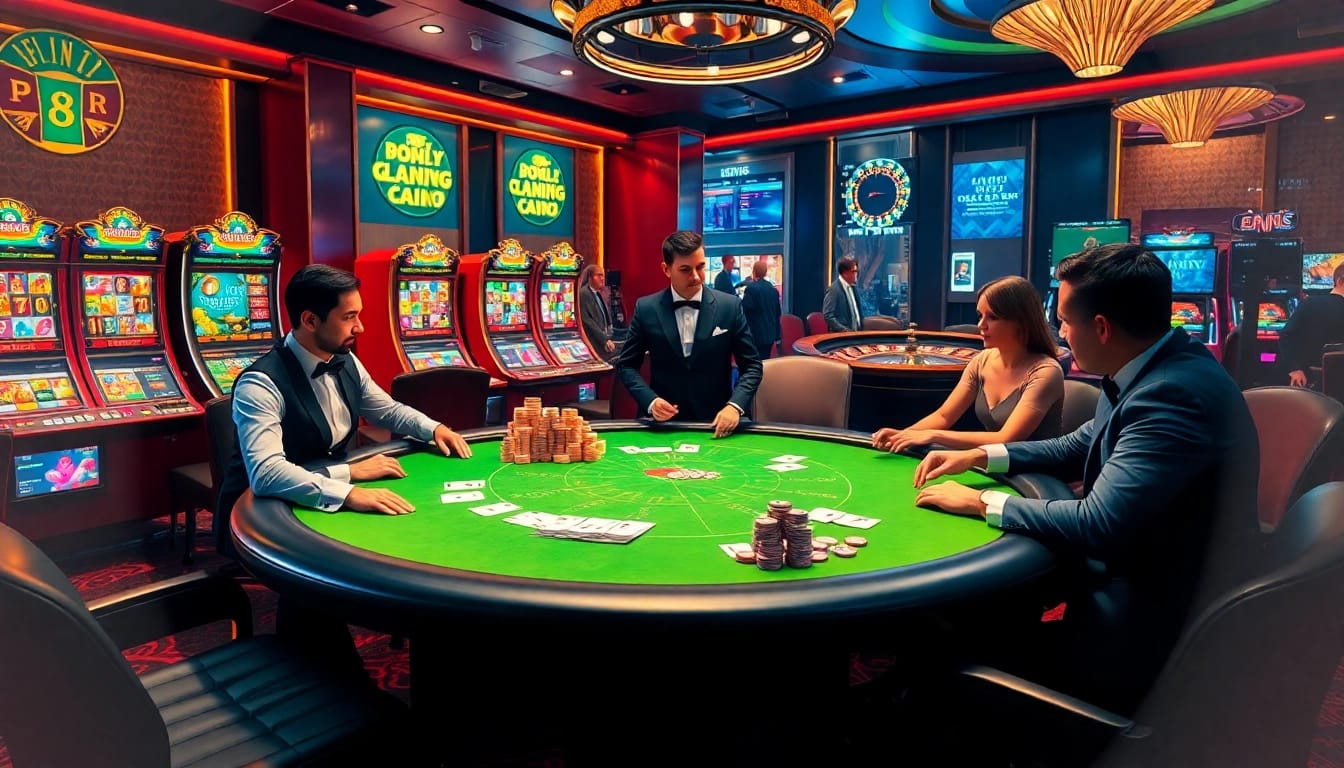 High-stakes poker table at a luxurious casino representing https://fun88.social/ with glamorous players and flashing slot machines.