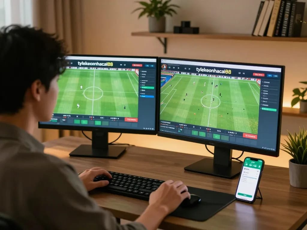 Person engaging in live sports betting at tylekeonhacai88, focused on dual screens displaying odds and match details