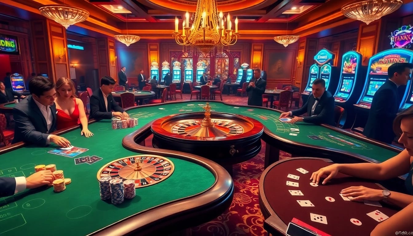 Experience high-stakes gameplay at https://f168biz.com/, showcasing vibrant tables, bright slot machines, and engaged gamblers.