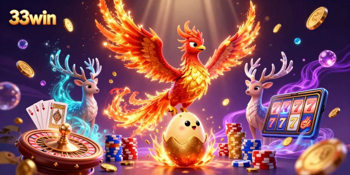 Experience thrilling gameplay at 33win with a vibrant illustration of a phoenix and dynamic casino elements.