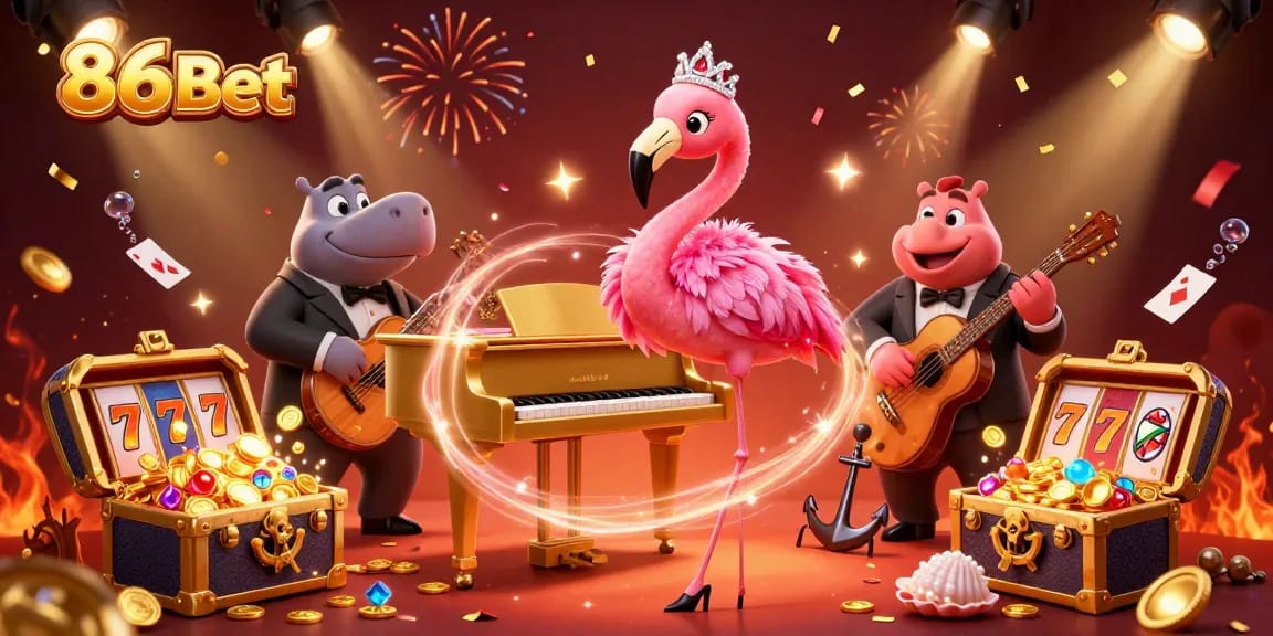 Experience the vibrant 86Bet casino scene with lively characters and dynamic slots elements.
