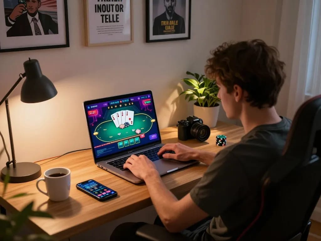 Player enjoying poker on XX88 online casino setup, showcasing vibrant game interface and cozy environment.
