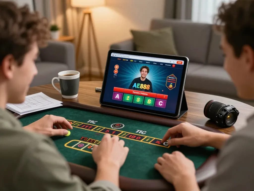 AE888 online gaming experience with a player engaging in a friendly virtual dealer game session at home