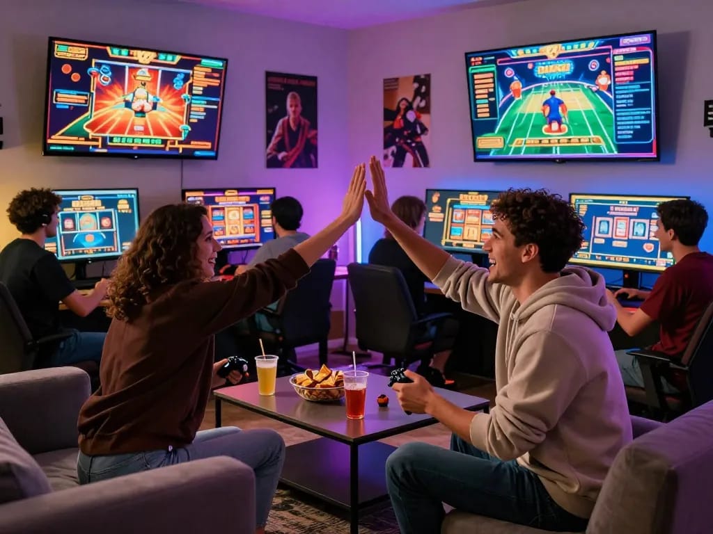 Exciting online gaming session at home with friends celebrating wins at https://gem88.com.mx/ using vibrant displays and modern decor.