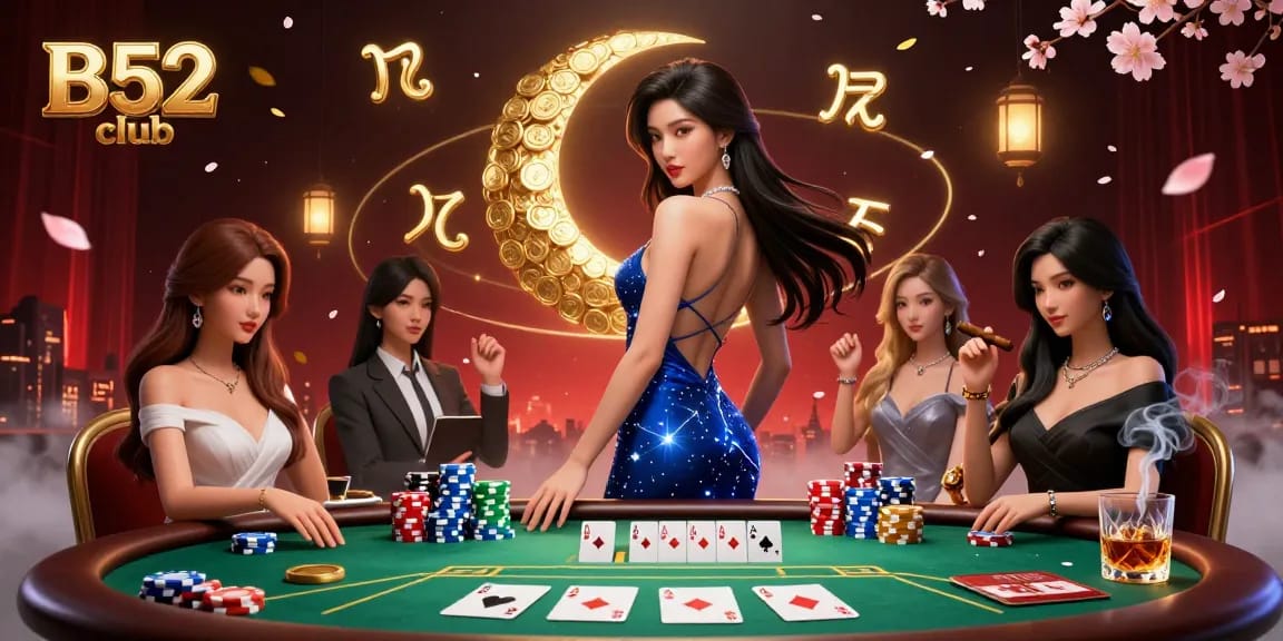 B52 club players enjoying a dynamic poker action with vibrant colors and 3D elements