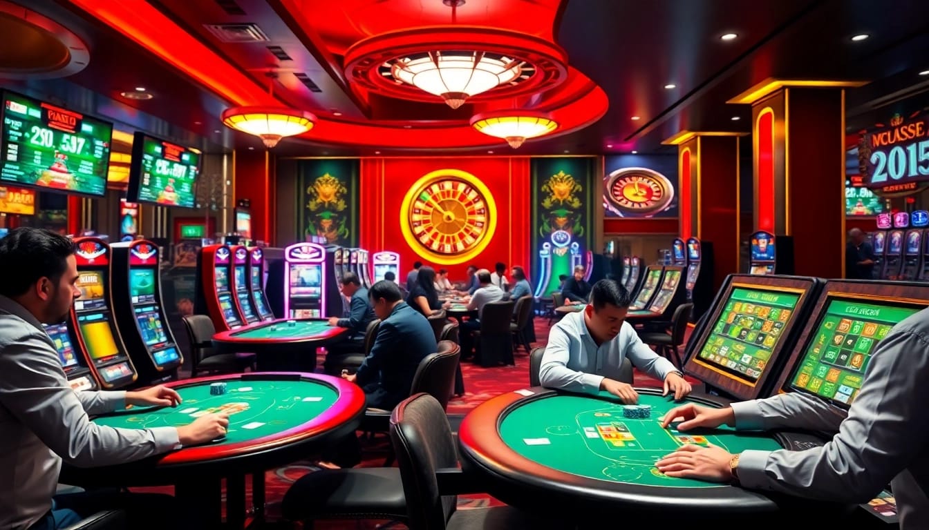 Players enjoying thrilling games at https://uu88xpj.com/, showcasing poker tables and vibrant slot machines.