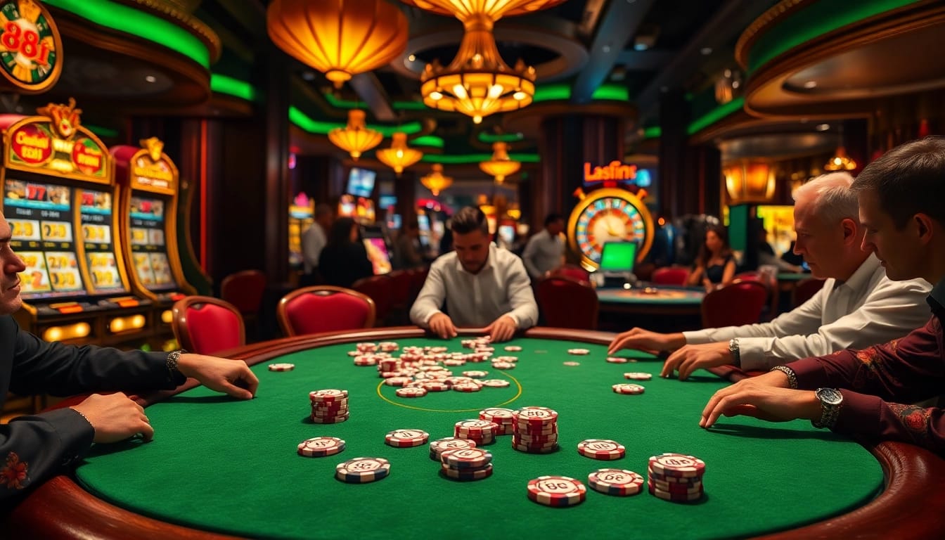 Players engage in high-stakes poker at the luxurious 88i casino table, highlighted with vibrant chips.