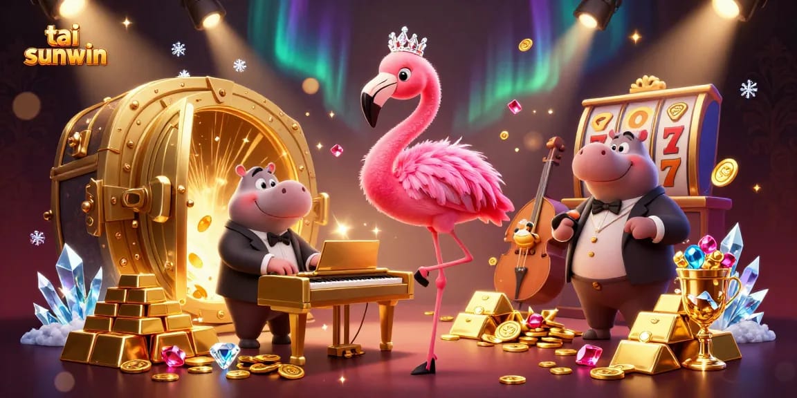 Immerse in the excitement of tai sunwin with vibrant casino visuals, showcasing lively characters and jackpot elements.
