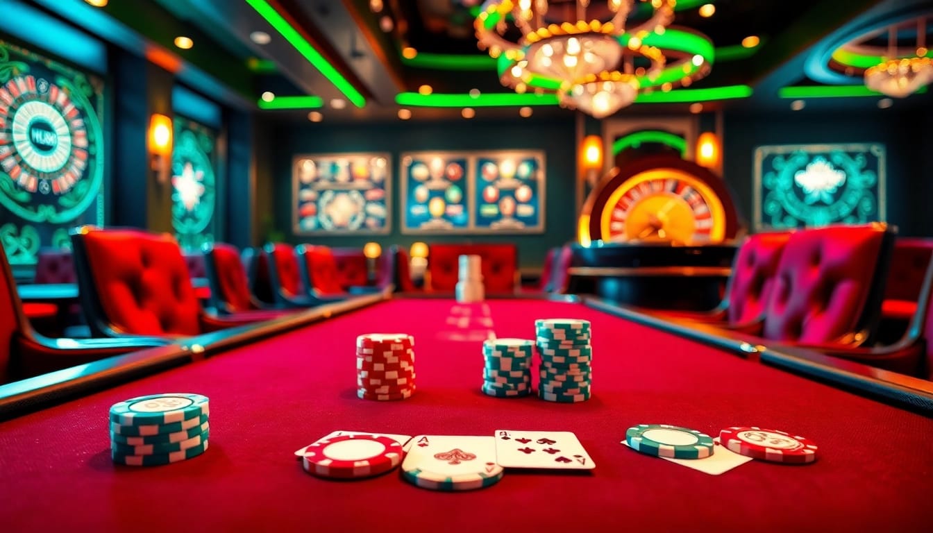 Experience high-stakes excitement at HU88 poker tables with glossy chips and cards in a luxurious casino.