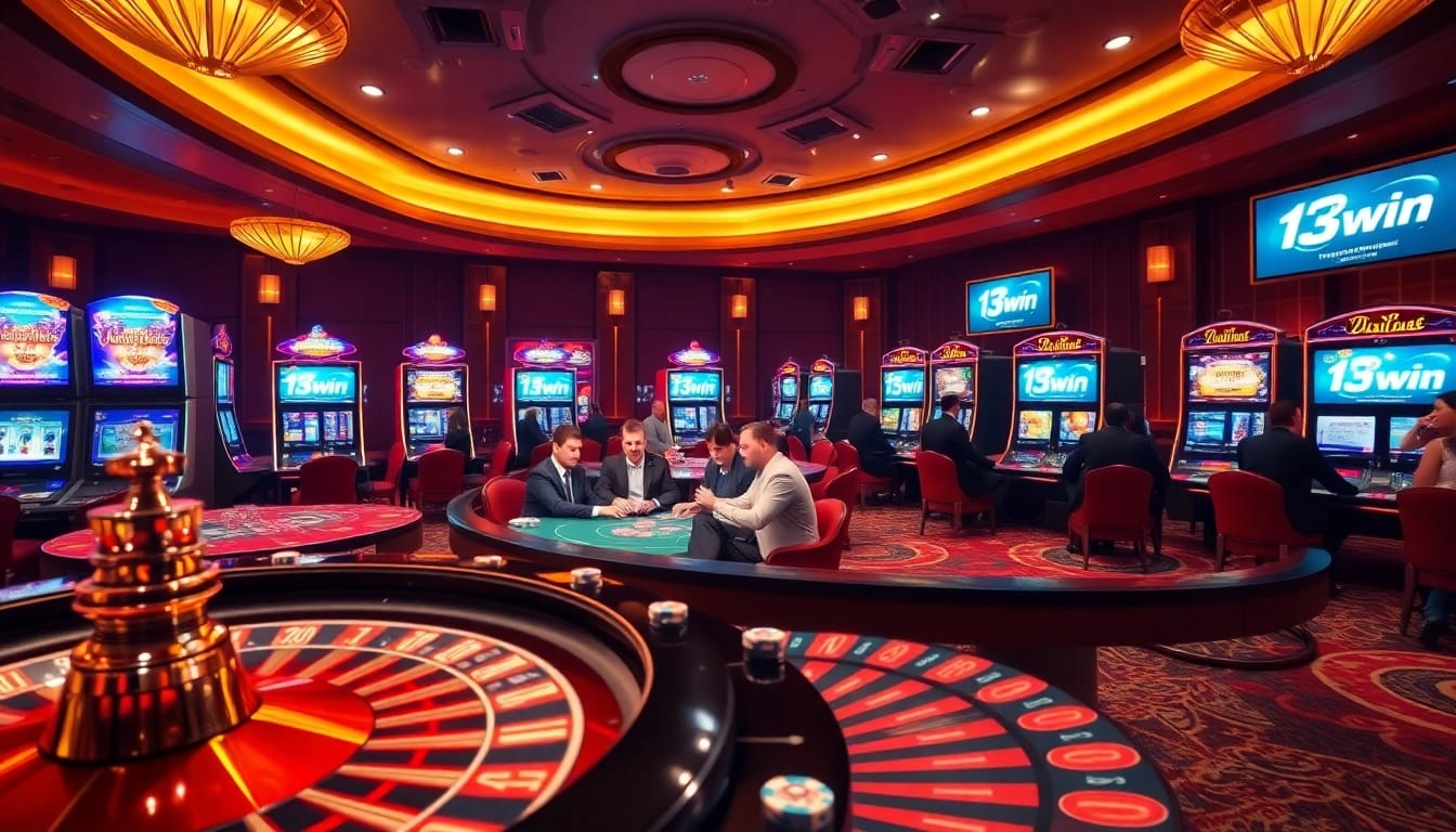 Exciting casino gameplay action with 13win branding and vibrant poker tables.
