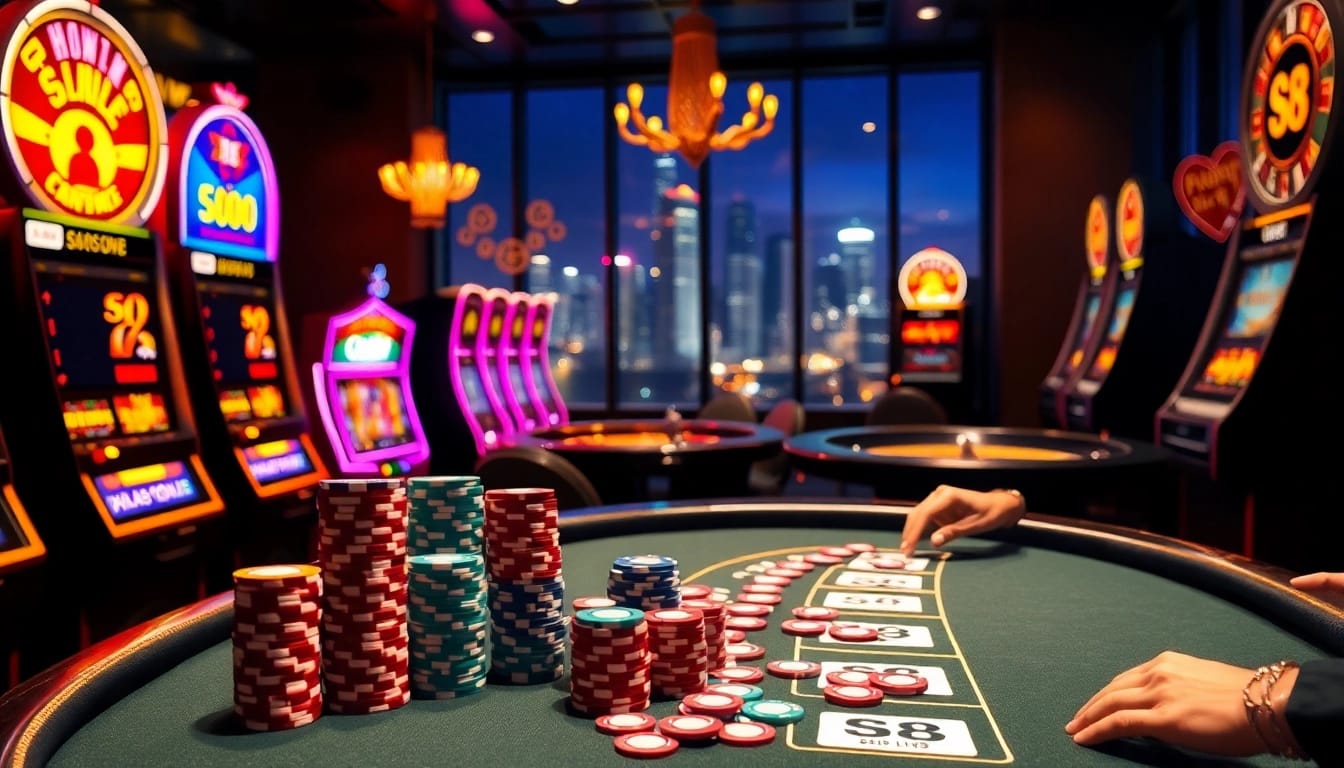 Experience the excitement of gambling with S8 casino elements, including poker chips and slot machines.