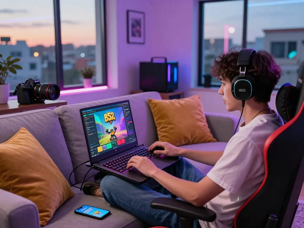 Engaging scene of a gamer playing tải game b52club in a vibrant living room with modern gaming accessories.