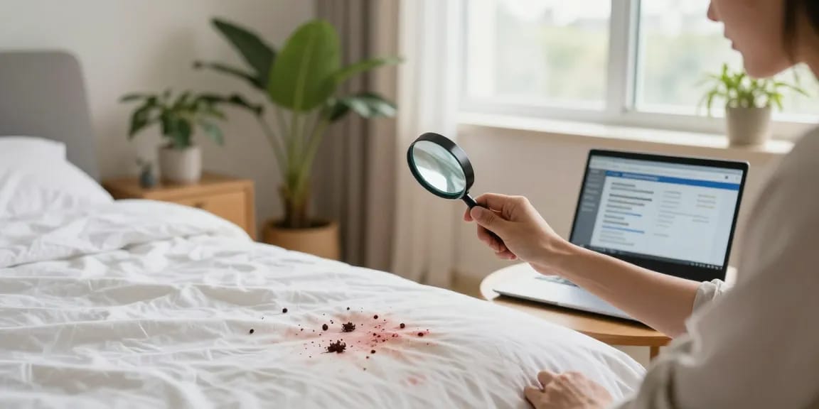 Homeowner inspecting bed for signs of bed bug pest control, with visible stains and a laptop for research.