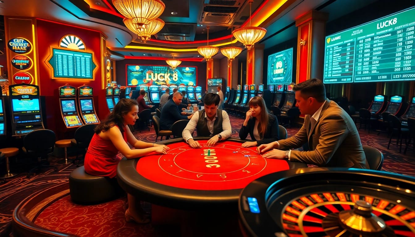 LUCK8 poker players strategizing in a luxurious casino setting filled with vibrant colors.