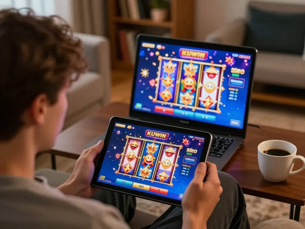 Engaging gameplay on KUWIN online casino tablet with colorful slot machines