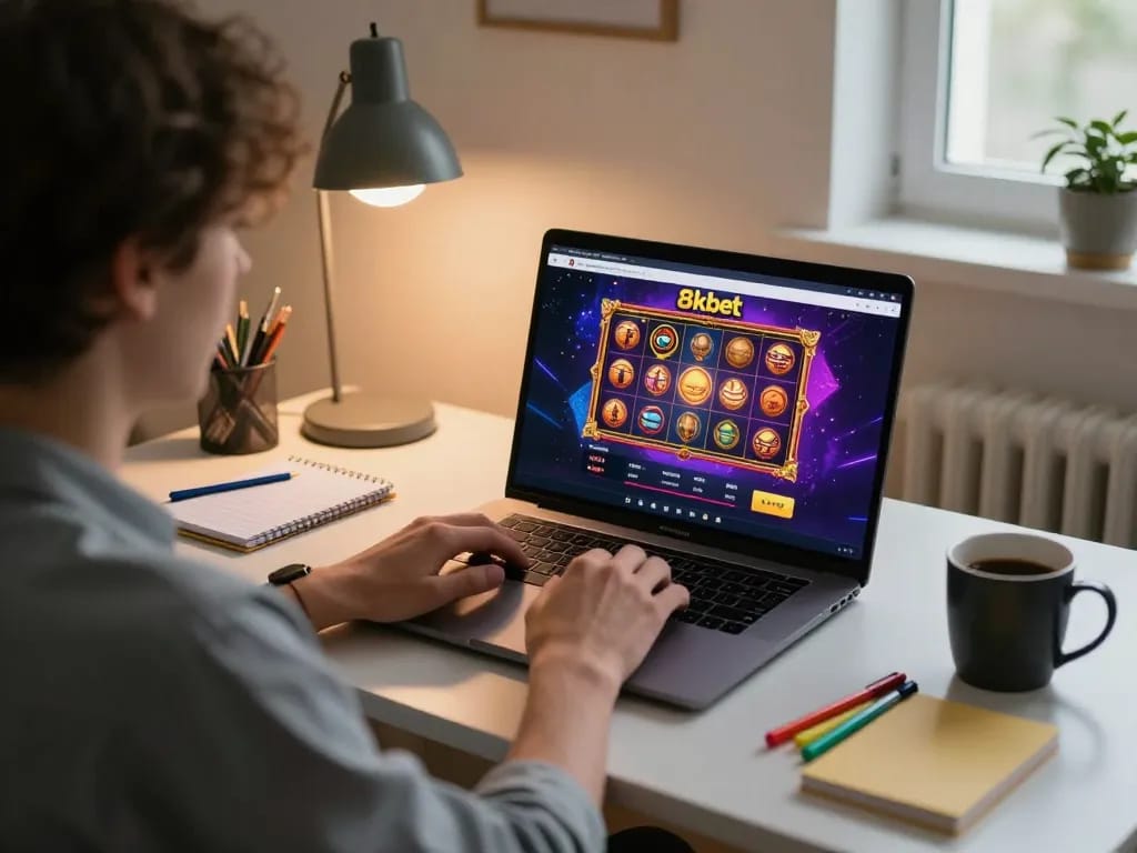 Player engaged in online gaming with 8kbet on a laptop at home, showcasing enjoyment and concentration