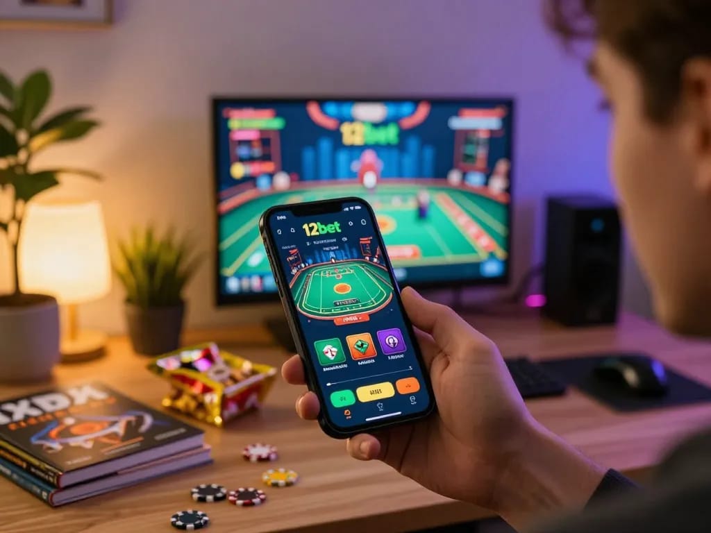 Using the 12bet link app on a smartphone for engaging online casino gameplay in a cozy setting.