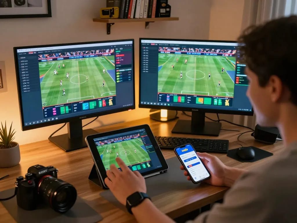 Player engaging with Net88's sports betting app on tablet and smartphone in a dynamic home office setup.