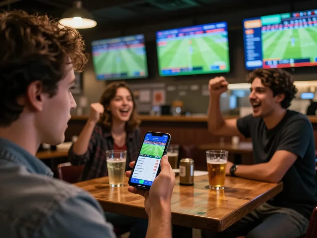 Engaged sports bettor analyzing soccer predictions on a smartphone while enjoying the game in a lively bar.