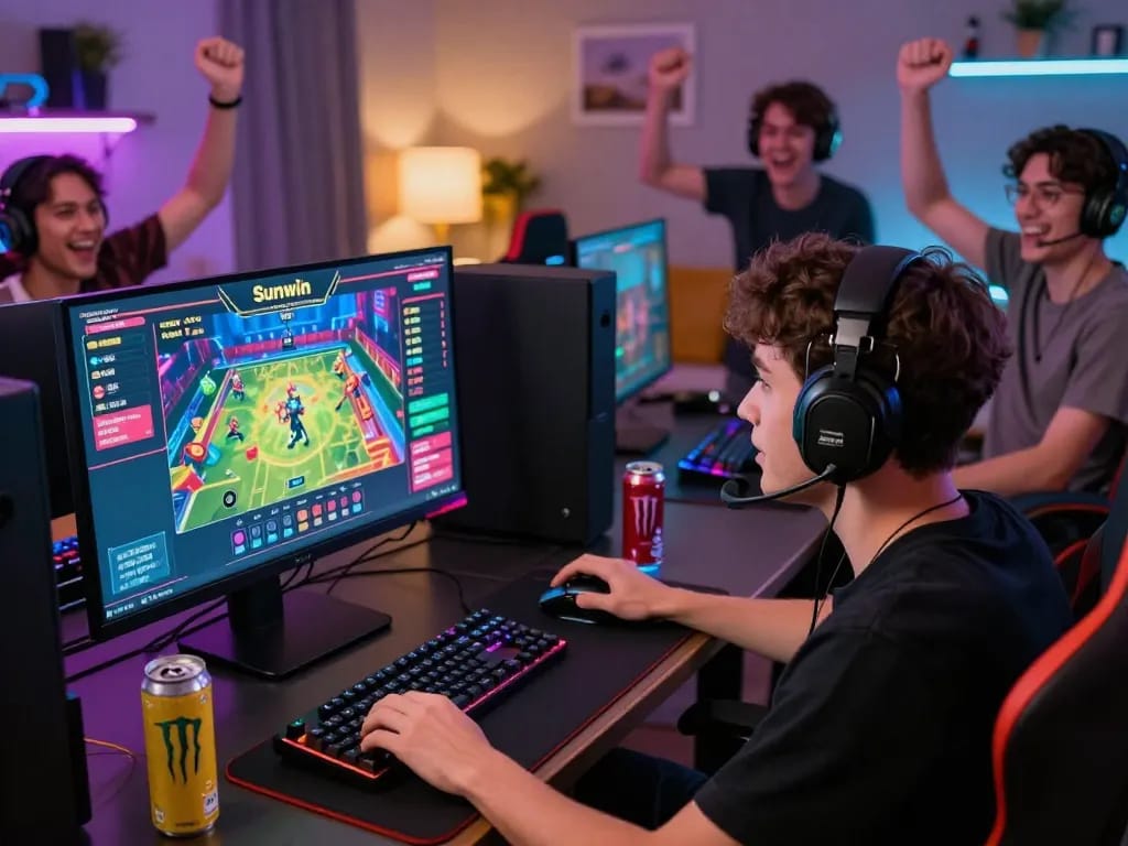 Engaging scene of players enjoying Sunwin online gaming with a vibrant virtual betting platform, showcasing lively atmosphere and modern gaming accessories.