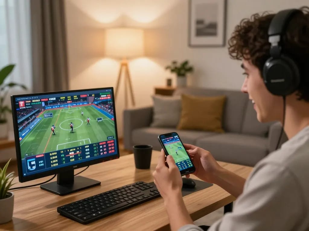 Betting on MB88 using a smartphone in a cozy living room.