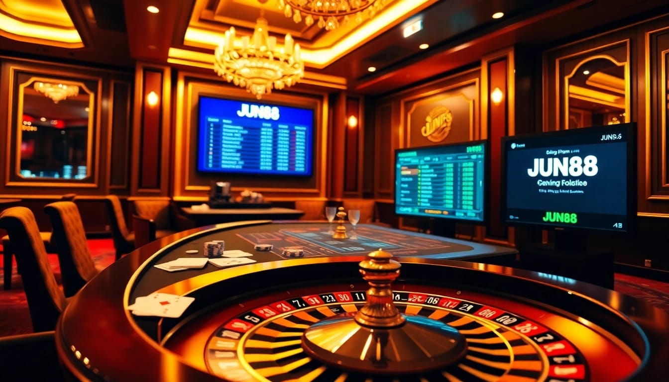 Experience exciting online gaming with Jun88 at a luxurious poker table and roulette wheel.