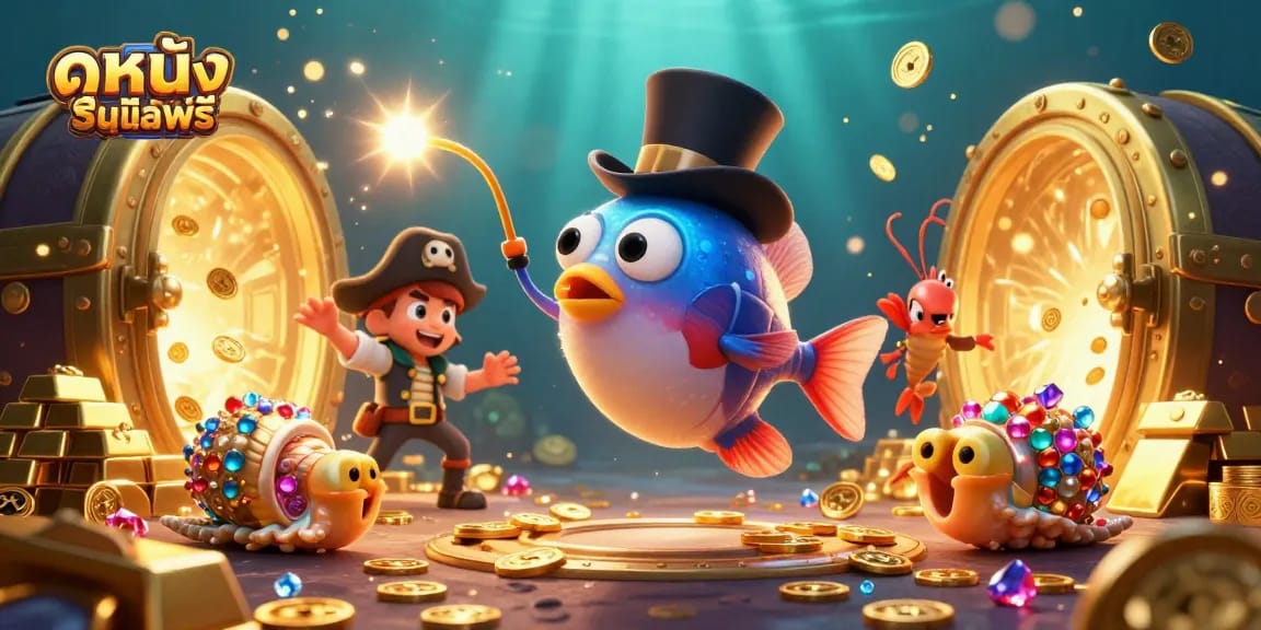 Experience ดูหนังออนไลน์ฟรี with golden treasures in an engaging underwater casino scene featuring animated characters.
