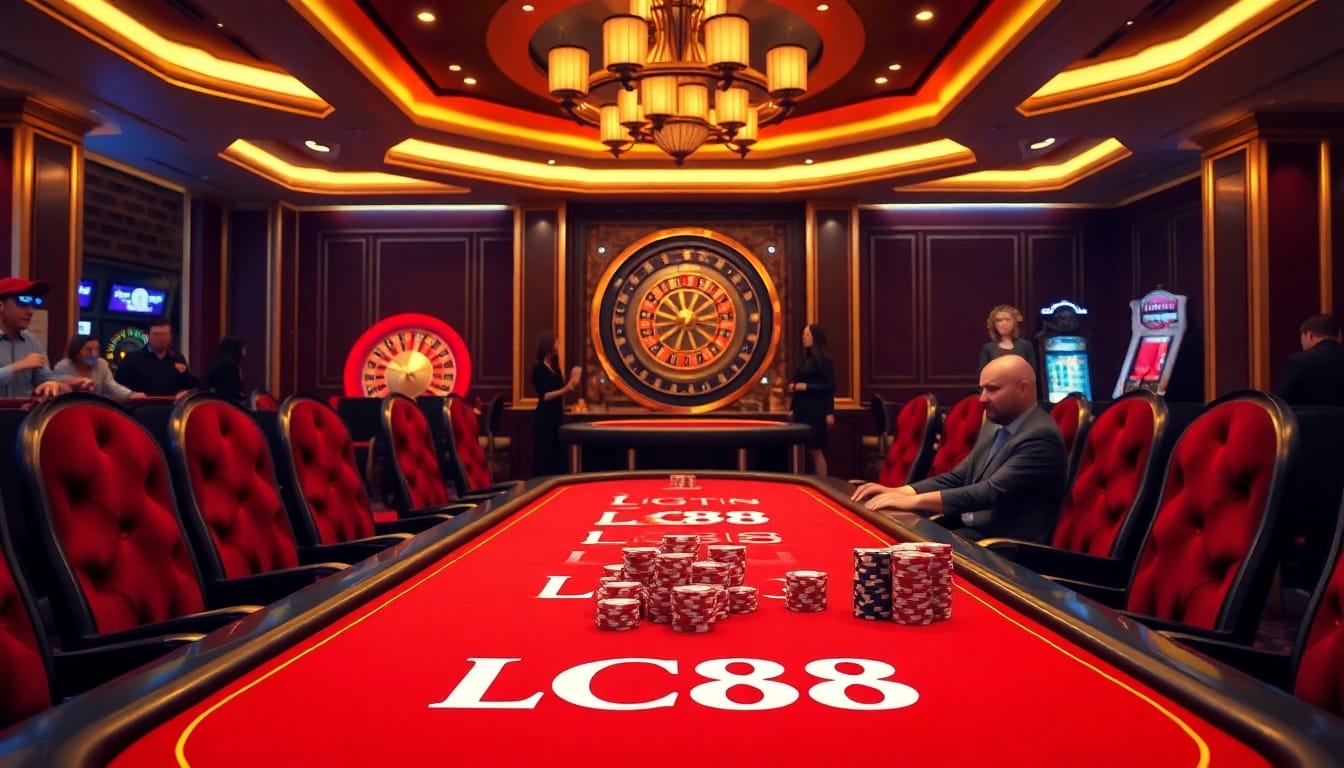 Experience the excitement of LC88 at a luxurious casino gaming table with poker chips and players.