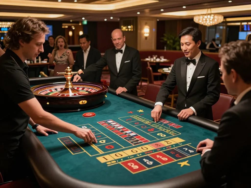 Experience the thrill of roulette at BL555 casino, vibrant betting scene with engaged players.