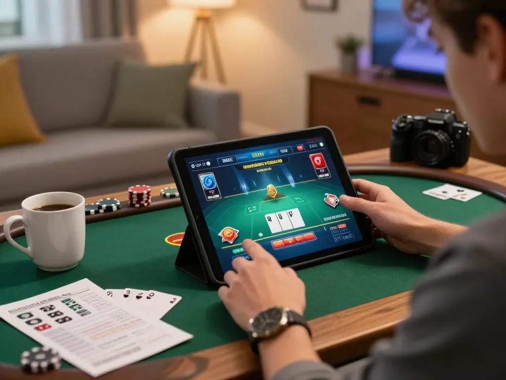 Player engaging with hbet poker app on tablet at home, showcasing strategic gameplay.