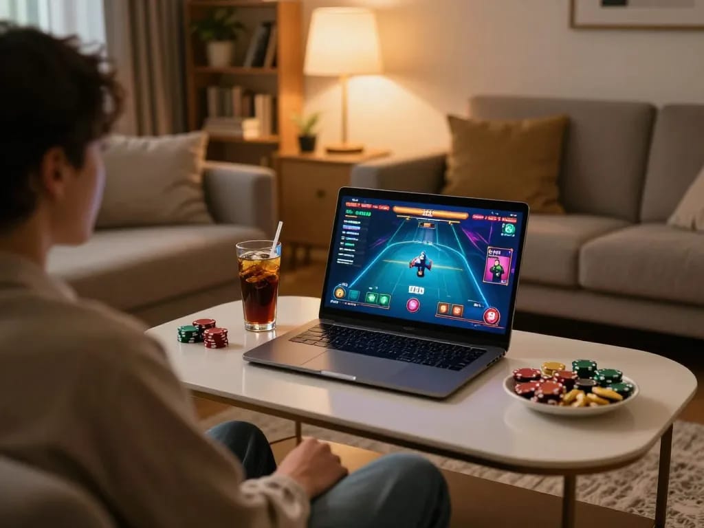 Engage in an exciting b52 online poker game with a cozy setup and vibrant visuals on the laptop.