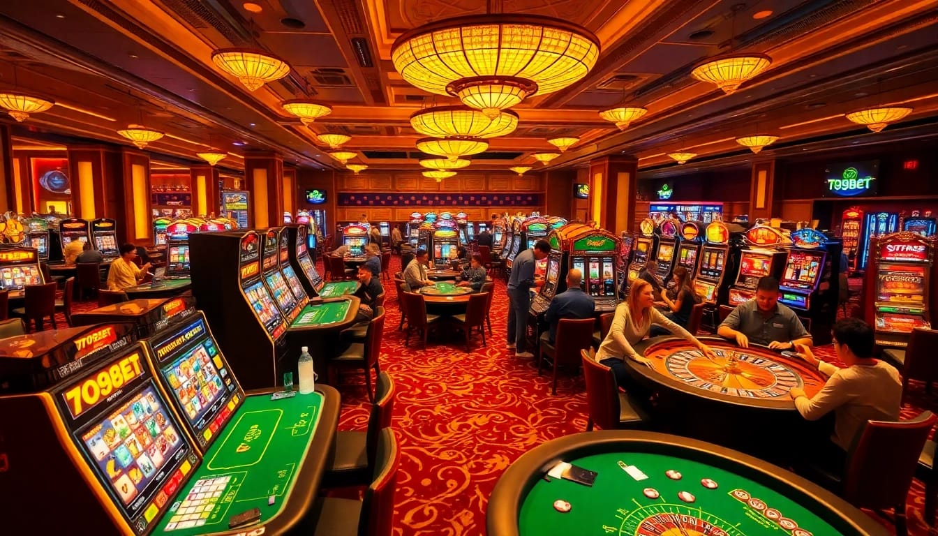 Experience the excitement of 789bet with players enjoying casino games on a vibrant, luxurious gaming floor.