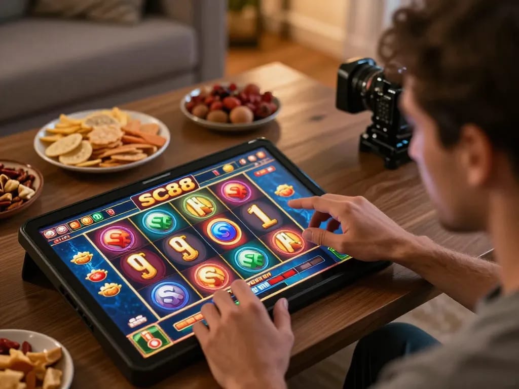 Player enjoying sc88 mobile slot game, vibrant casino atmosphere, engaging gameplay