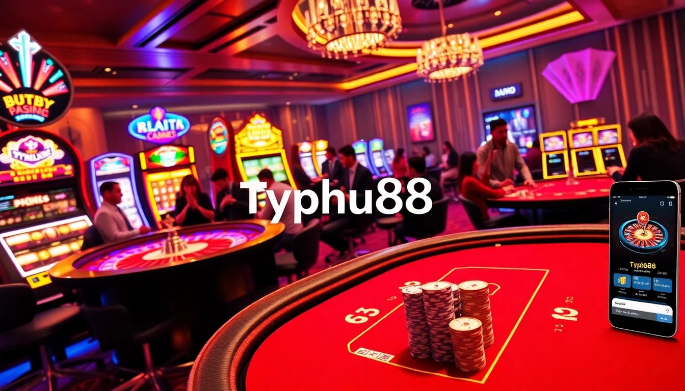 Experience the thrill of Typhu88 with dynamic casino gameplay, showcasing roulette, slots, and poker excitement.