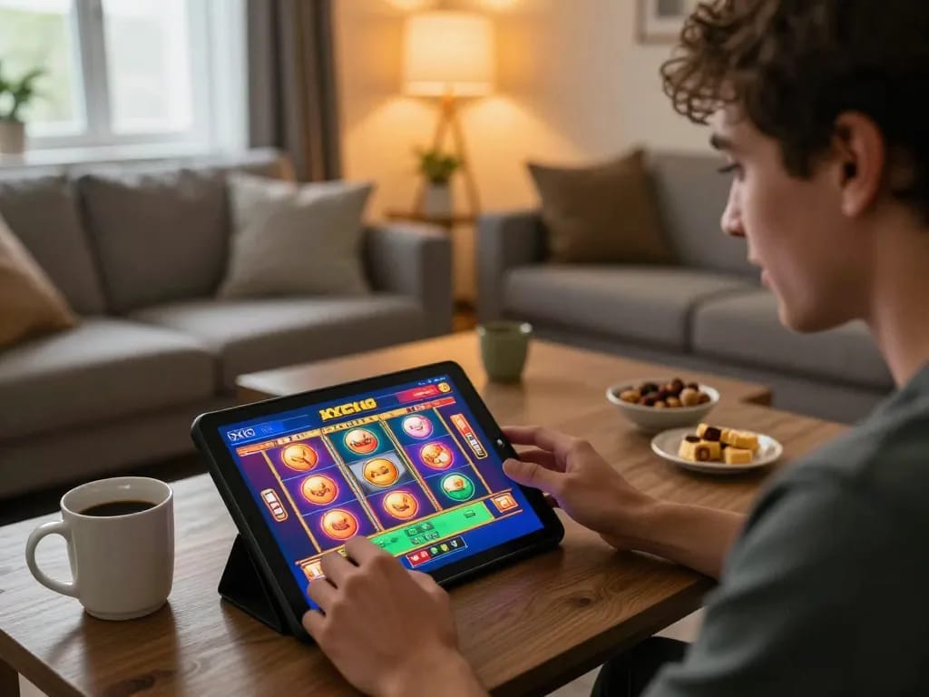Player enjoying XXGG slot game on tablet in cozy home setup with snacks and warm lighting