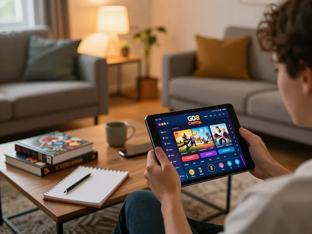 Engaging with GO8 CAPITAL casino app on a tablet in a cozy home environment
