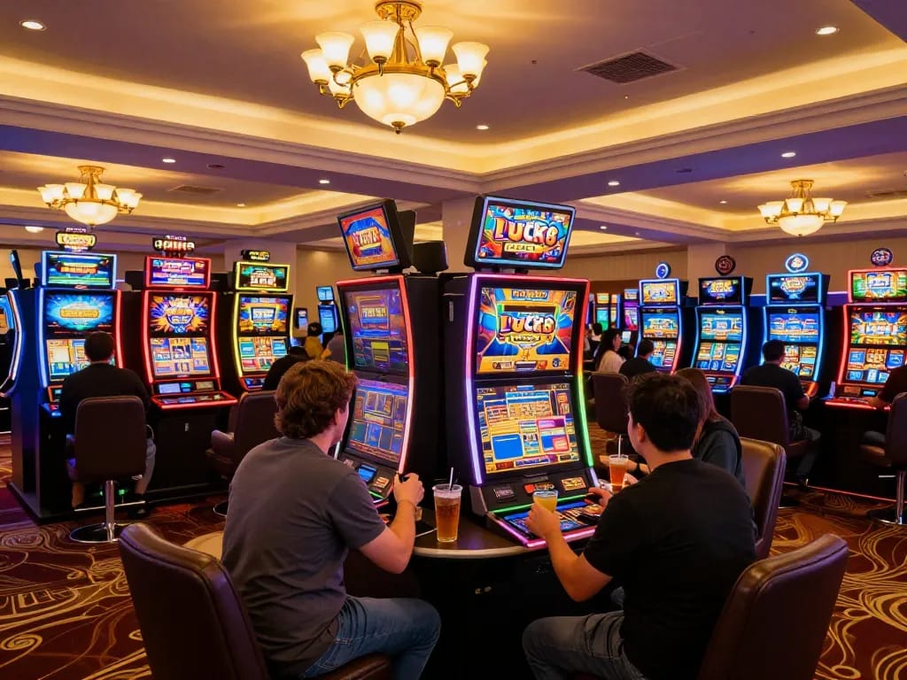Engaged players enjoying LUCK8 slot machines in a vibrant casino atmosphere.