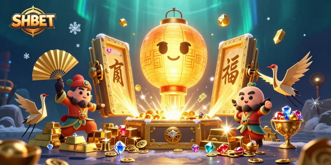Play exciting games at SHBET with a radiant golden lantern spirit in a vibrant casino scene.