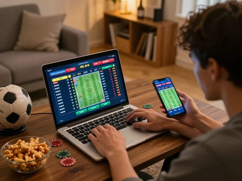 Player placing bets on 33win from a cozy home setting, showcasing live sports odds on the screen