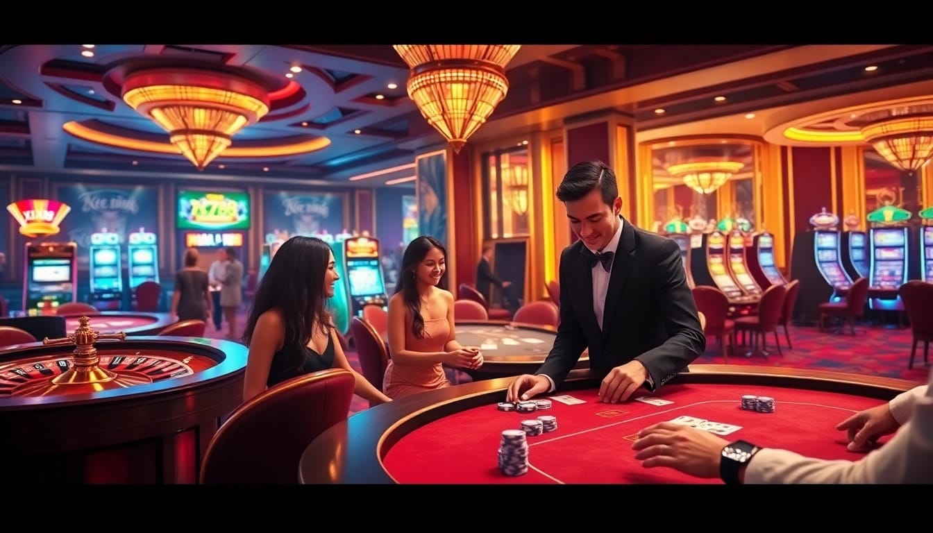 Players enjoying the excitement of casino games at XX88 with vibrant tables and slot machines.
