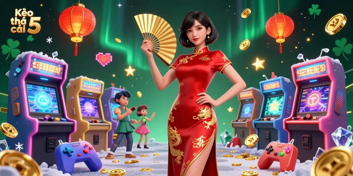 Kèo nhà cái 5 showcases vibrant Asian woman in a qipao amidst floating coins and game elements.