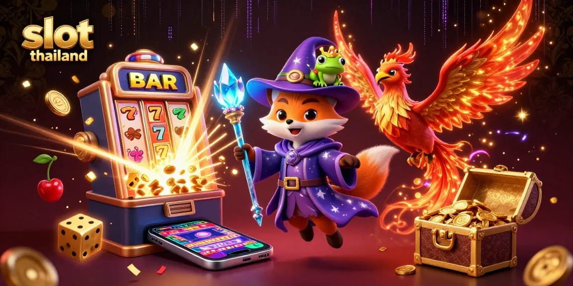 Experience the thrills of slot thailand with a fantasy scene featuring a wizard fox, phoenix, and dynamic gaming elements.