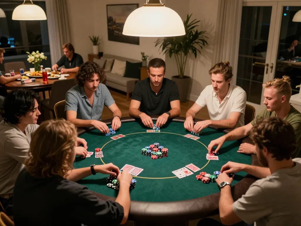 Players enjoying a thrilling poker game at home with iwinclub branded chips and cards