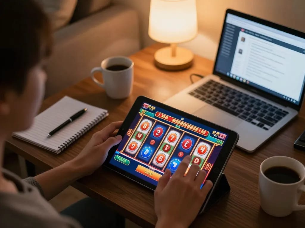 Player enjoying the thrill of online slots at home with f8betz, showcasing vibrant game interface and comfortable setting.