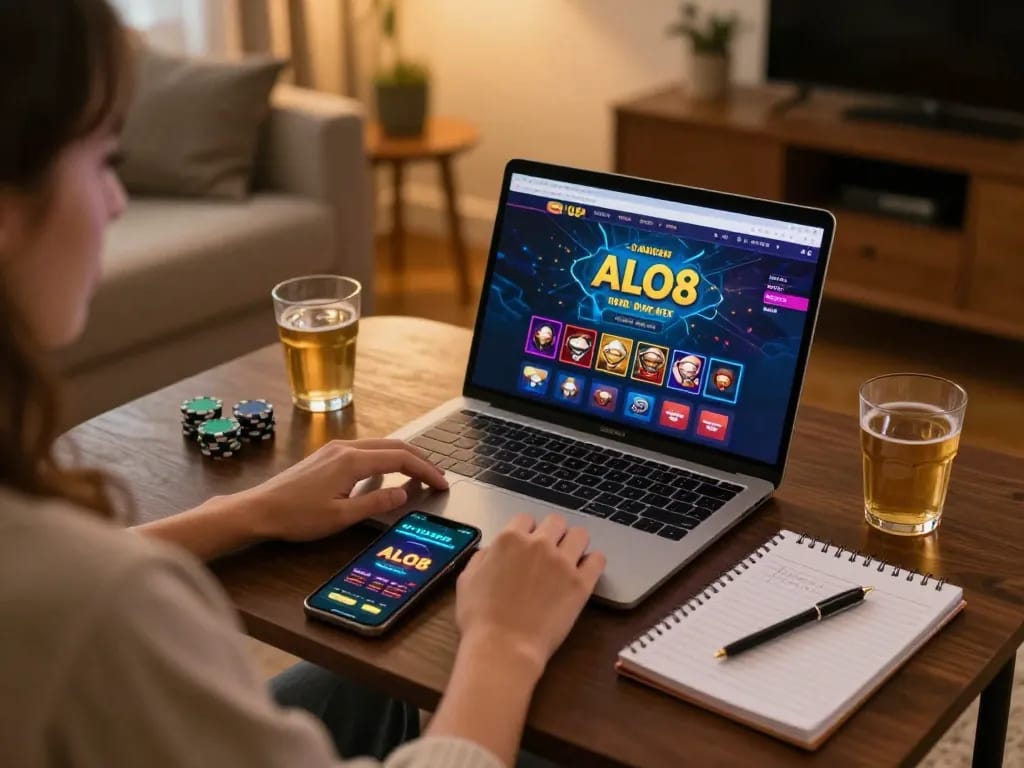 Player enjoying ALO8 online casino gaming from home, showcasing an engaging and strategic atmosphere.