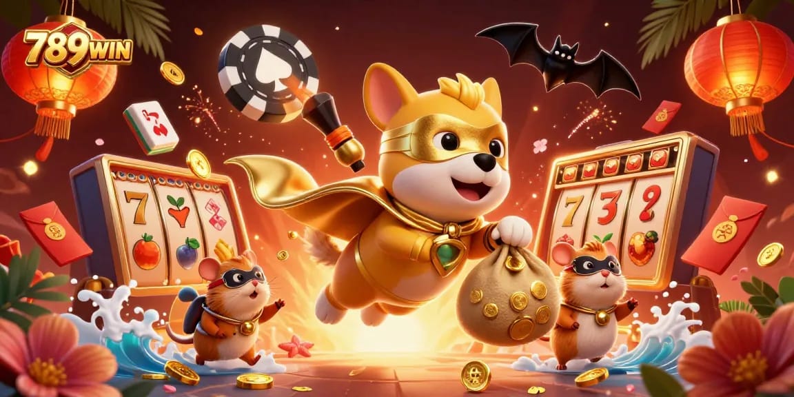 Engage in exciting gameplay at 789WIN with a dynamic 3D illustration of a superhero dog and coins.